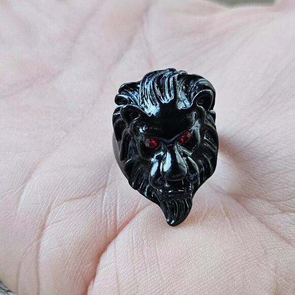 Lion Face Ring Black Tone Metal Fashion Jewelry Red Eyes Unisex Ring Size 9 - Picture 11 of 12